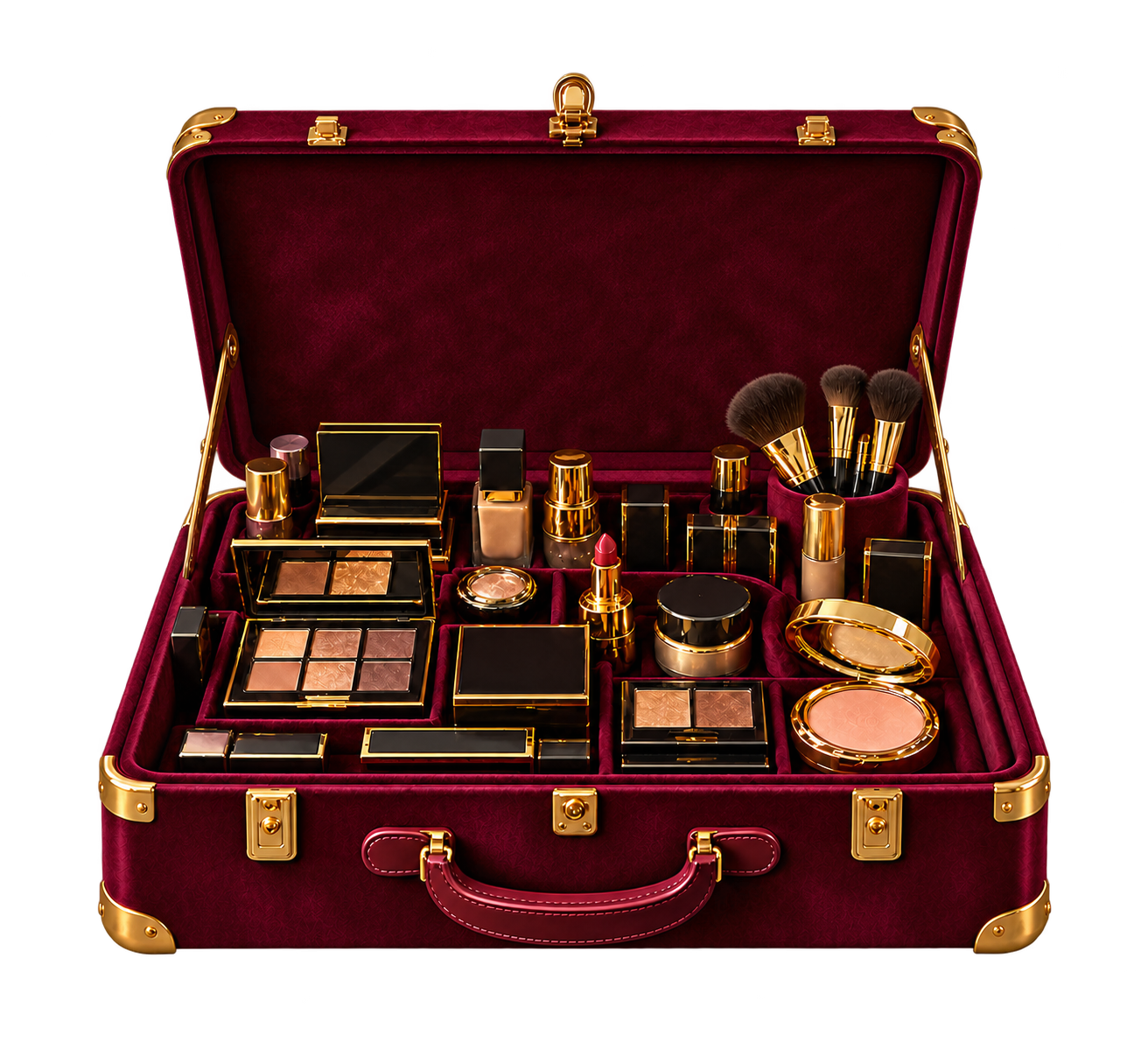 Open burgundy velvet makeup case with palettes, foundations and brushes